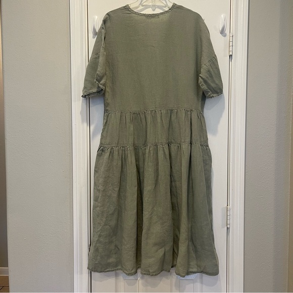 Dolma Midi Dress Women’s Small Med Green 100% Linen Tiered Boho Lagenlook FLAW - Picture 2 of 10